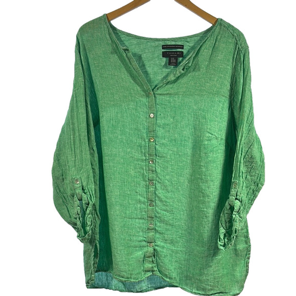 Tahari Green Mandarin Collar Blouse Relaxed 3/4 Sleeve - Picture 1 of 7
